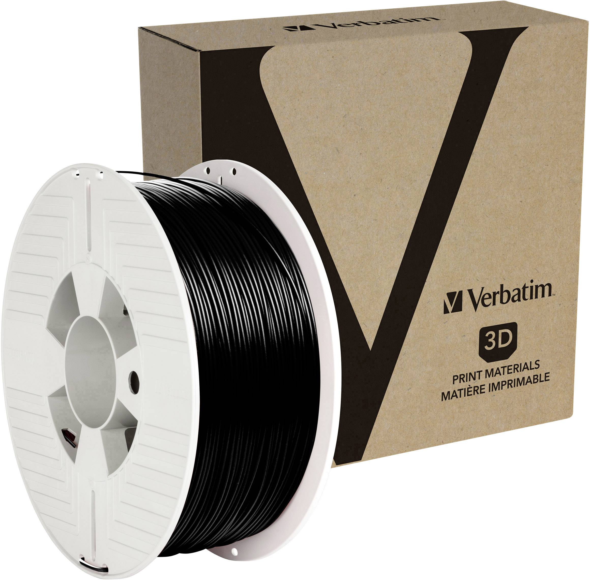 Sort 3D-printer-filamentrullet ved siden af en Verbatim-emballage med et stort 'V' og teksten '3D Print Materials'.