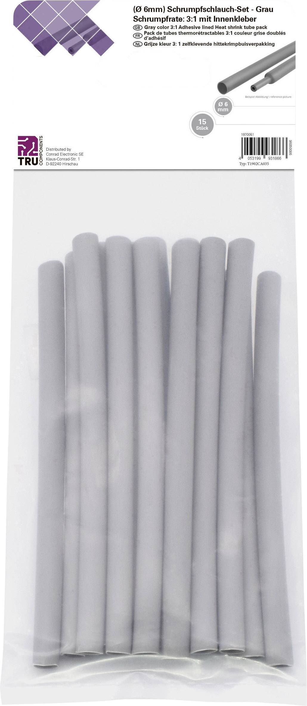 Pakke med flere grå krympeslanger, 16 mm diameter. Plastikpose med etiket og produktinformationer øverst.