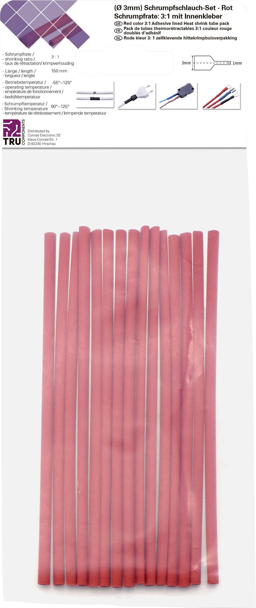 Billedet viser et sæt røde krympeslanger (3:1), egnet til elektrisk arbejde, bestående af flere lange, tynde slanger.