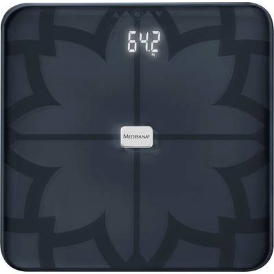 Digital personvægt viser en vægt på 64,2 kg. Mørkt, blomsteragtigt mønster i baggrunden.