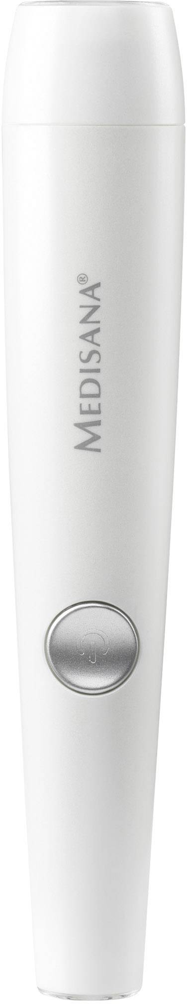 En hvid, slank hudplejeenhed med en sølvfarvet knap og 'Medisana' påskrift på overfladen.