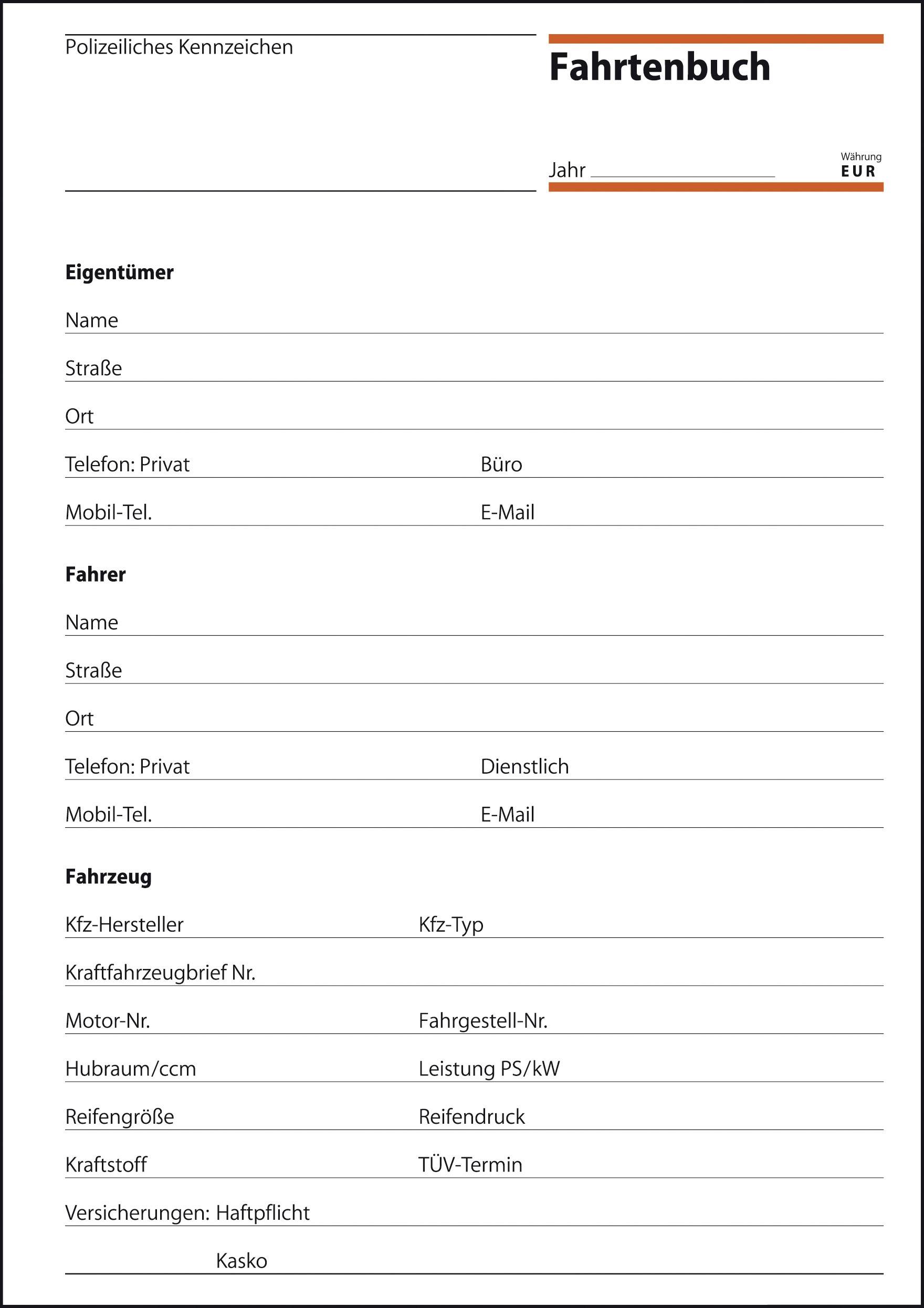 Logbog formular med felter til ejers og førers oplysninger, køretøjsdetaljer som køretøjstype, forbrug, brændstof, periodisk syn, forsikring.