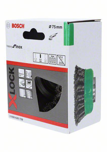 Emballage til en Bosch X-LOCK stålbørste. Viser produktet og fremhæver størrelsens 75 mm. Egnet til rustfrit stål.