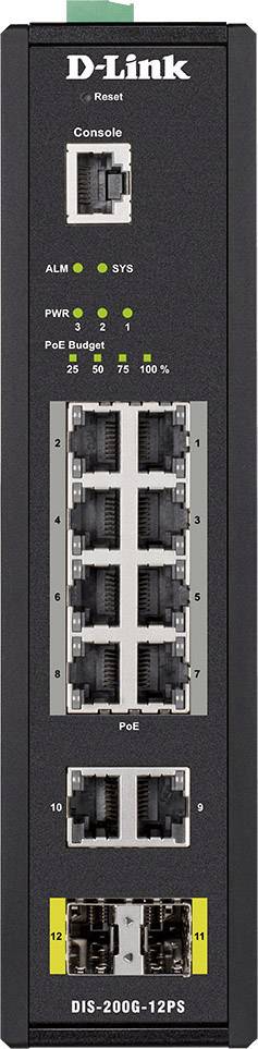 En D-Link netværksswitch-model DIS-200G-12PS med tolv Ethernet-porte og to fiberoptiske porte til administration og strømforsyning.
