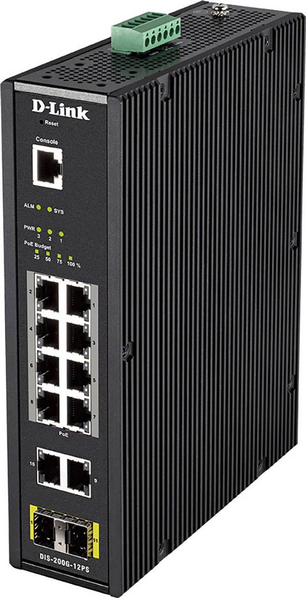 Industriel netværksswitch fra D-Link med tolv Ethernet-porte og to fiberoptiske forbindelser, egnet til robuste miljøer.