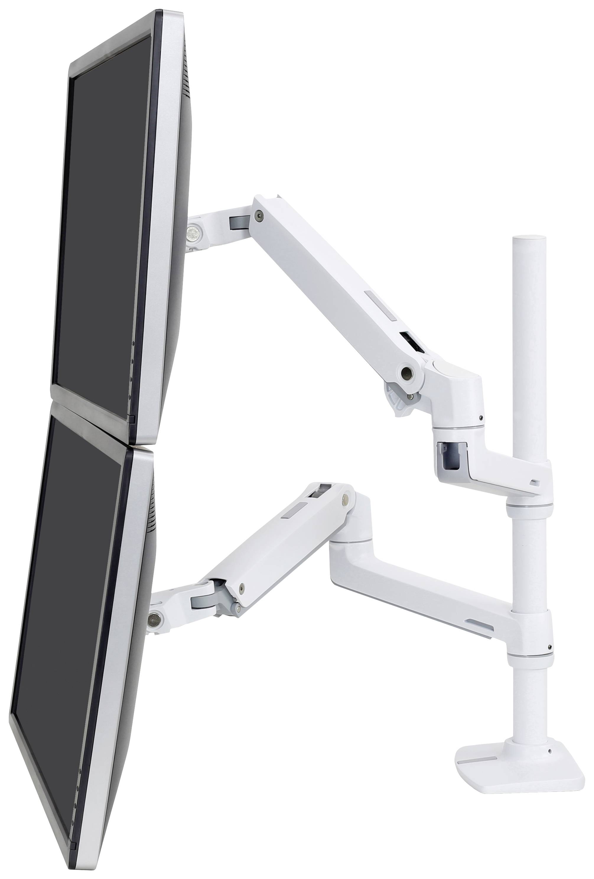 Monitorbeslag med to skærme placeret ovenpå hinanden, fleksibelt justerbart via bevægelige arme. Ideel til ergonomisk arbejdsplads.