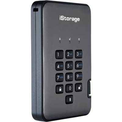 Ekstern harddisk med sort kabinet og numerisk tastatur til sikker adgang via PIN-kode. Mærket med 'iStorage'.