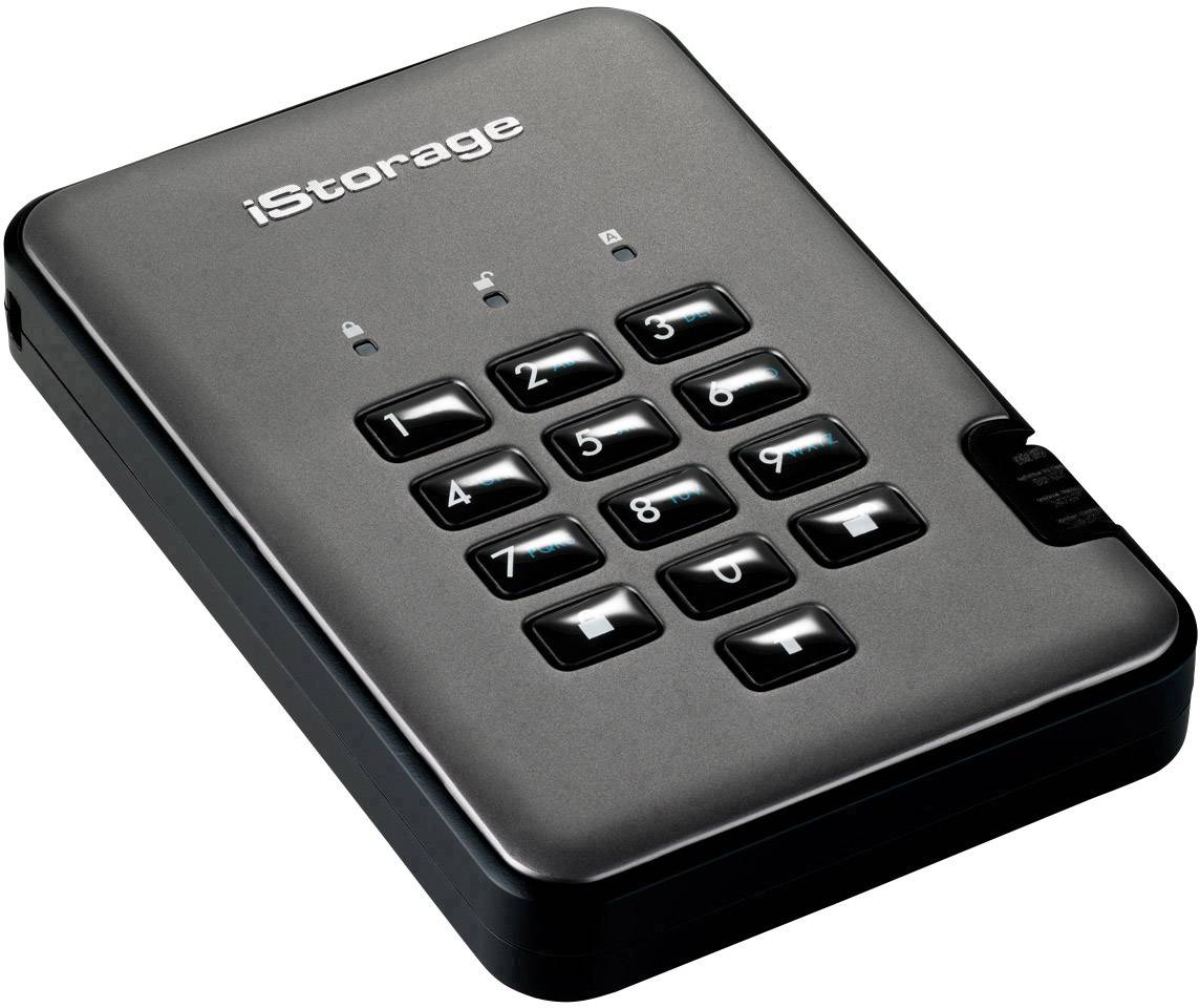 Ekstern harddisk med integreret tastatur til indtastning af en numerisk adgangskode. 'iStorage' mærket øverst.