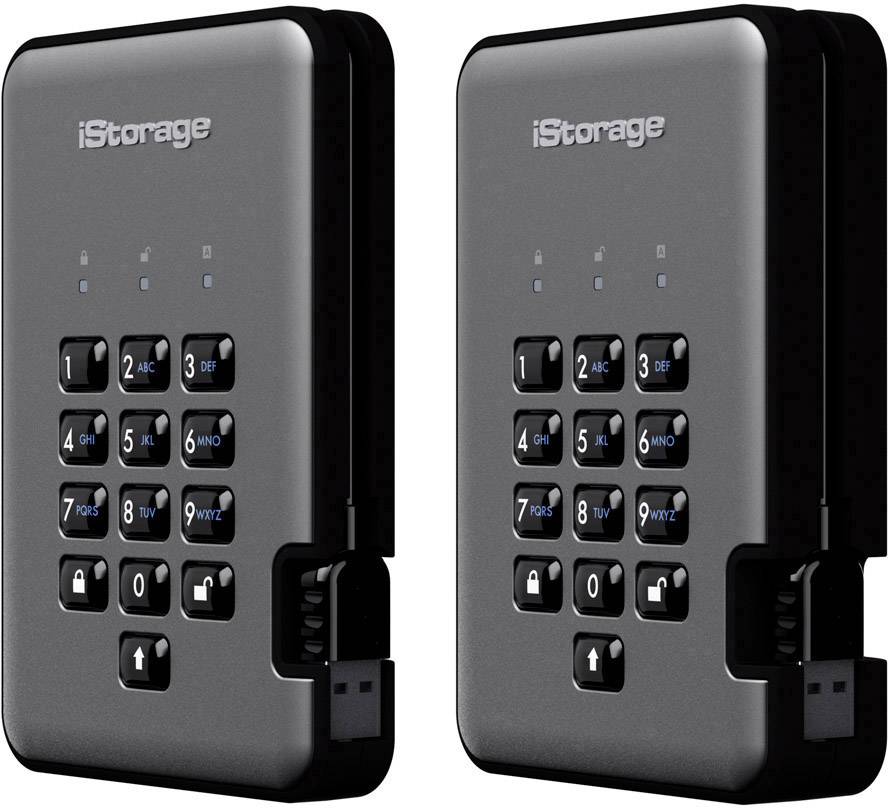 To tragbare iStorage-harddiske med tallås, sort kabinet, til sikker dataopbevaring.