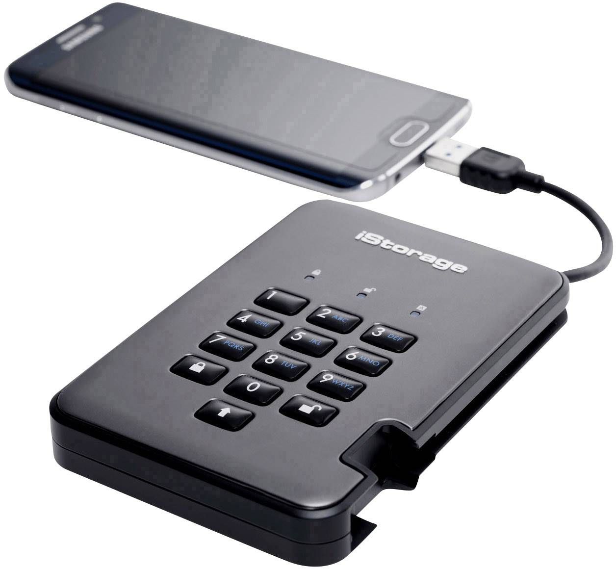 Ekstern harddisk med tastatur og USB-forbindelse til en smartphone. Sikkerhedsfunktion gennem numerisk indtastning.