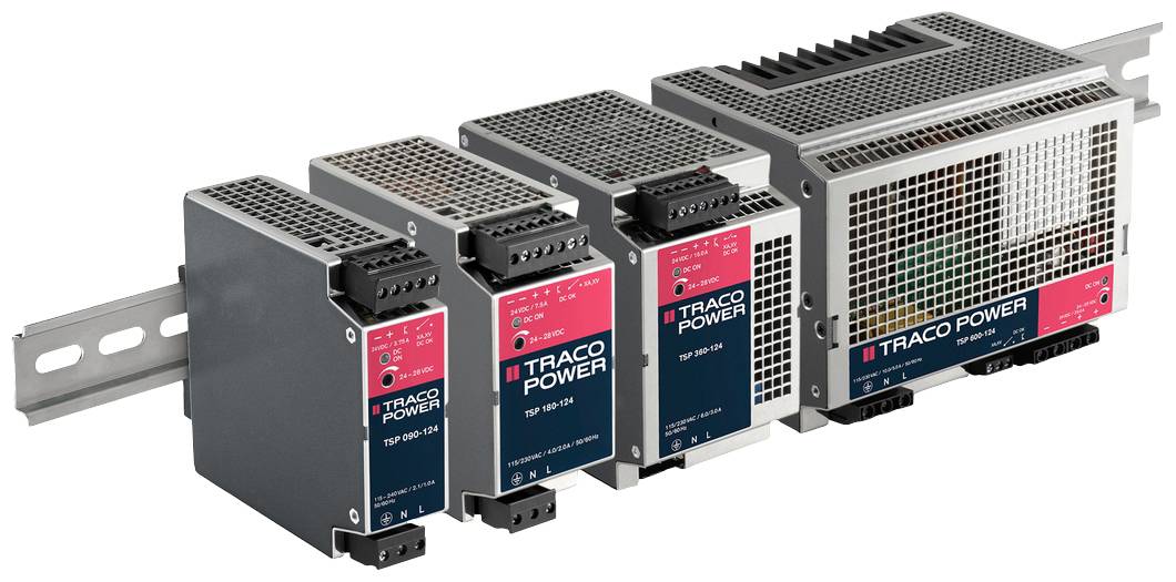 Fire strømforsyninger fra TRACO Power monteret på en DIN-skinne. Forskellige størrelser, alle med sort kabinet og køleåbninger.