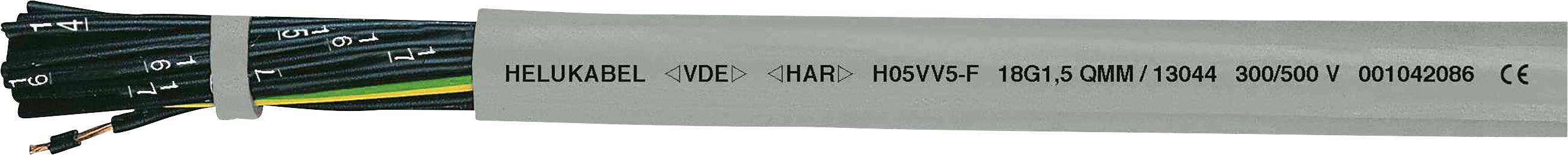 Grå kabel med sort inderleder, påtrykt 'HELUKABEL H05VV5-F 1GF 1.5 QMM/1034 V 300/500 V' og CE-mærke.