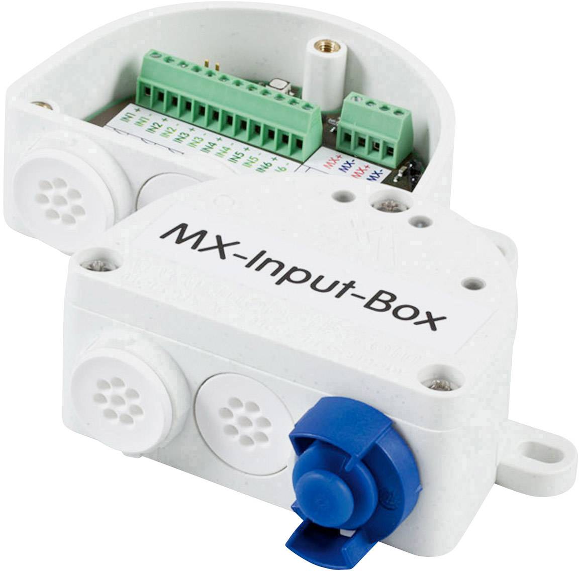 Billedet viser en MX-inputboks med flere tilslutninger og en blå drejeknap, sandsynligvis til elektroniske forbindelser.