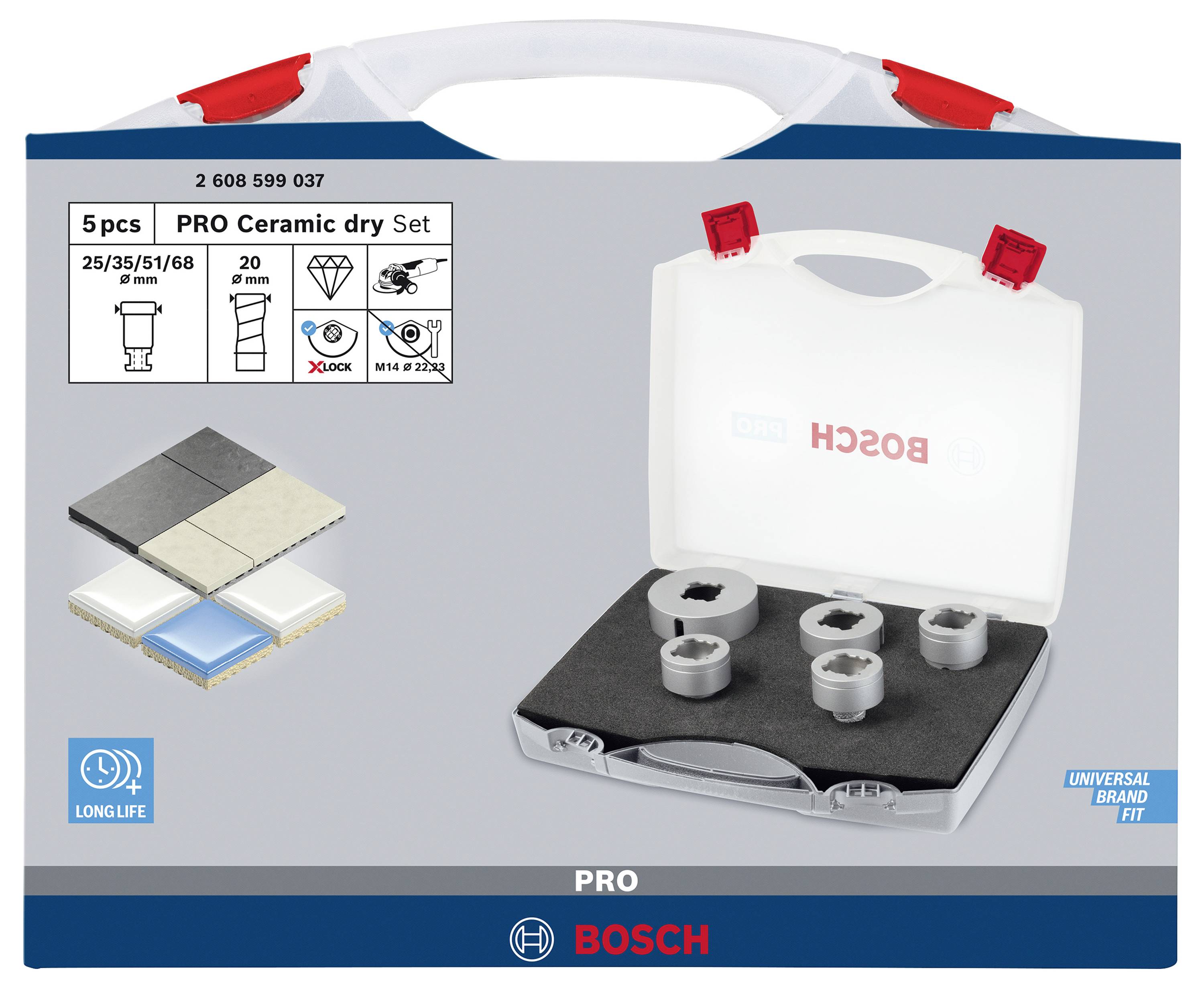 Bosch PRO Ceramic tørsæt, 5-delt: Kronebor i forskellige størrelser; egnet til fliser, med lang levetid; Universalholder.