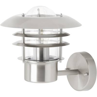 Vægudendørslampe i rustfrit stål med tre runde skærme og transparent afdækning, egnet til moderne udvendige områder.