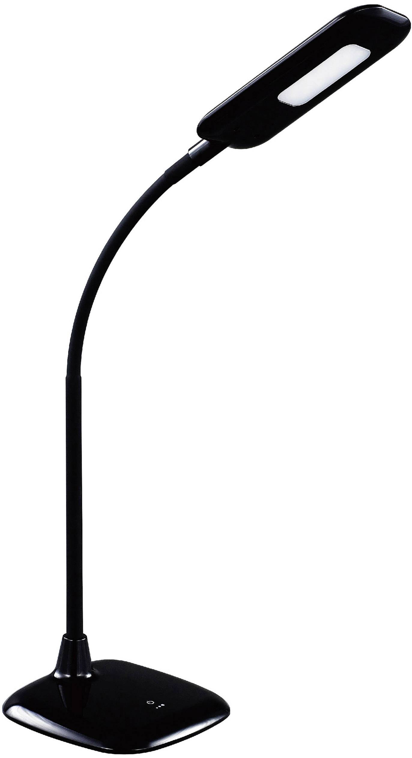 En sort, moderne LED-skrivebordslampe med fleksibel hals og rektangulær lampearm, velegnet til læsning eller arbejde.