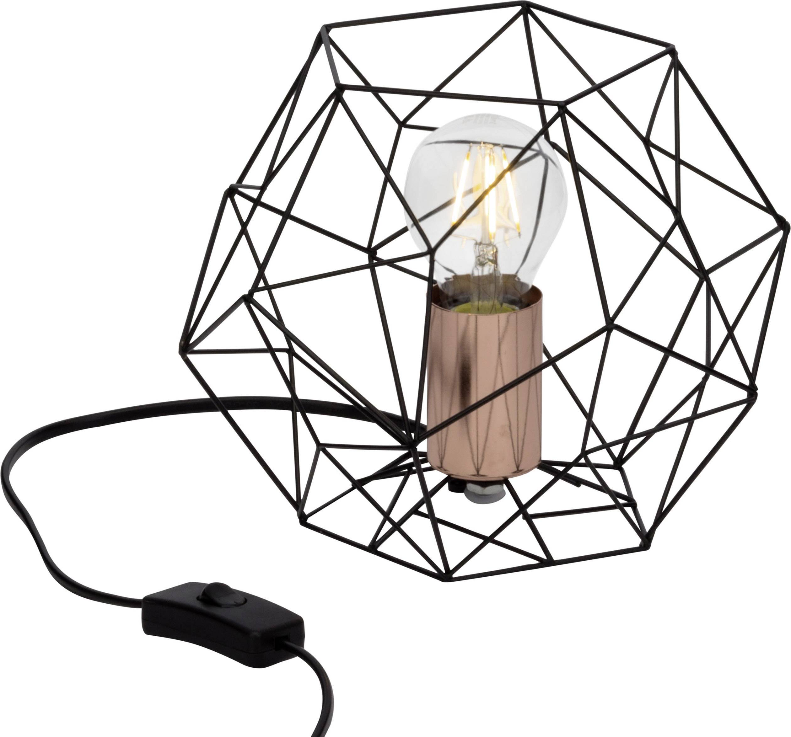 En moderne bordlampe med geometrisk sort trådramme, synlig glødelampe og kobberbase, forbundet med en ledning.