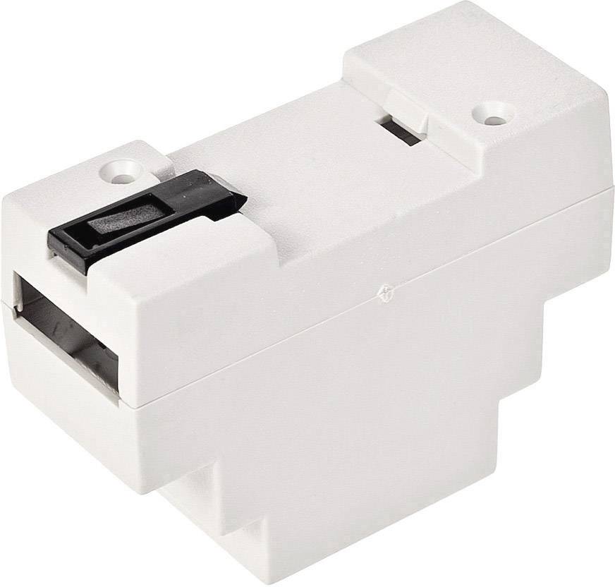 En hvid adapterstik med to huller øverst og en sort kontakt på siden, sandsynligvis til elektronisk brug.