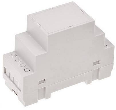 Et hvidt DIN-skinne-kabinet i plast med åbninger i siderne, egnet til montering af elektroniske komponenter.
