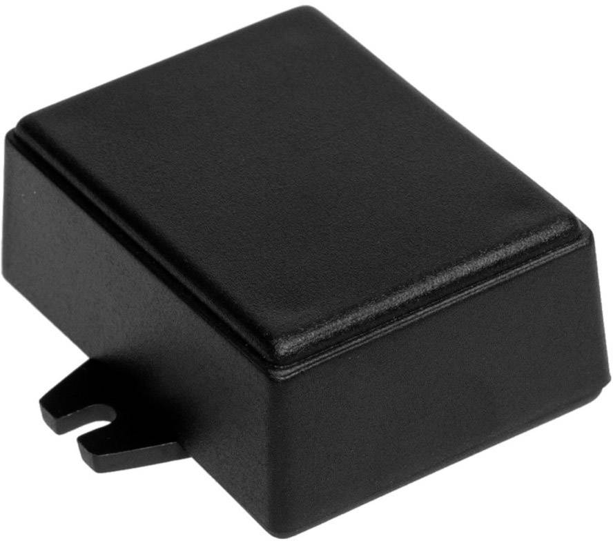 Sort rektangulær plastikkasse med glat overflade, egnet til montering af små elektroniske enheder.