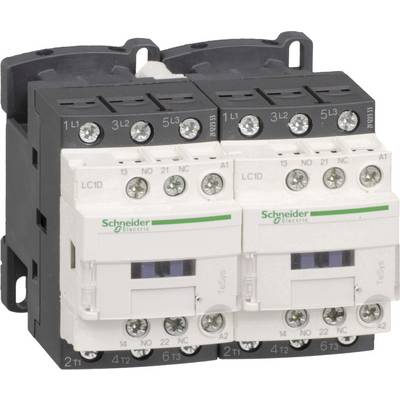 To henholdsvis hvide beskyttelsesapparater fra mærket Schneider Electric, monteret ved siden af hinanden. De viser tilslutninger og mærkninger.