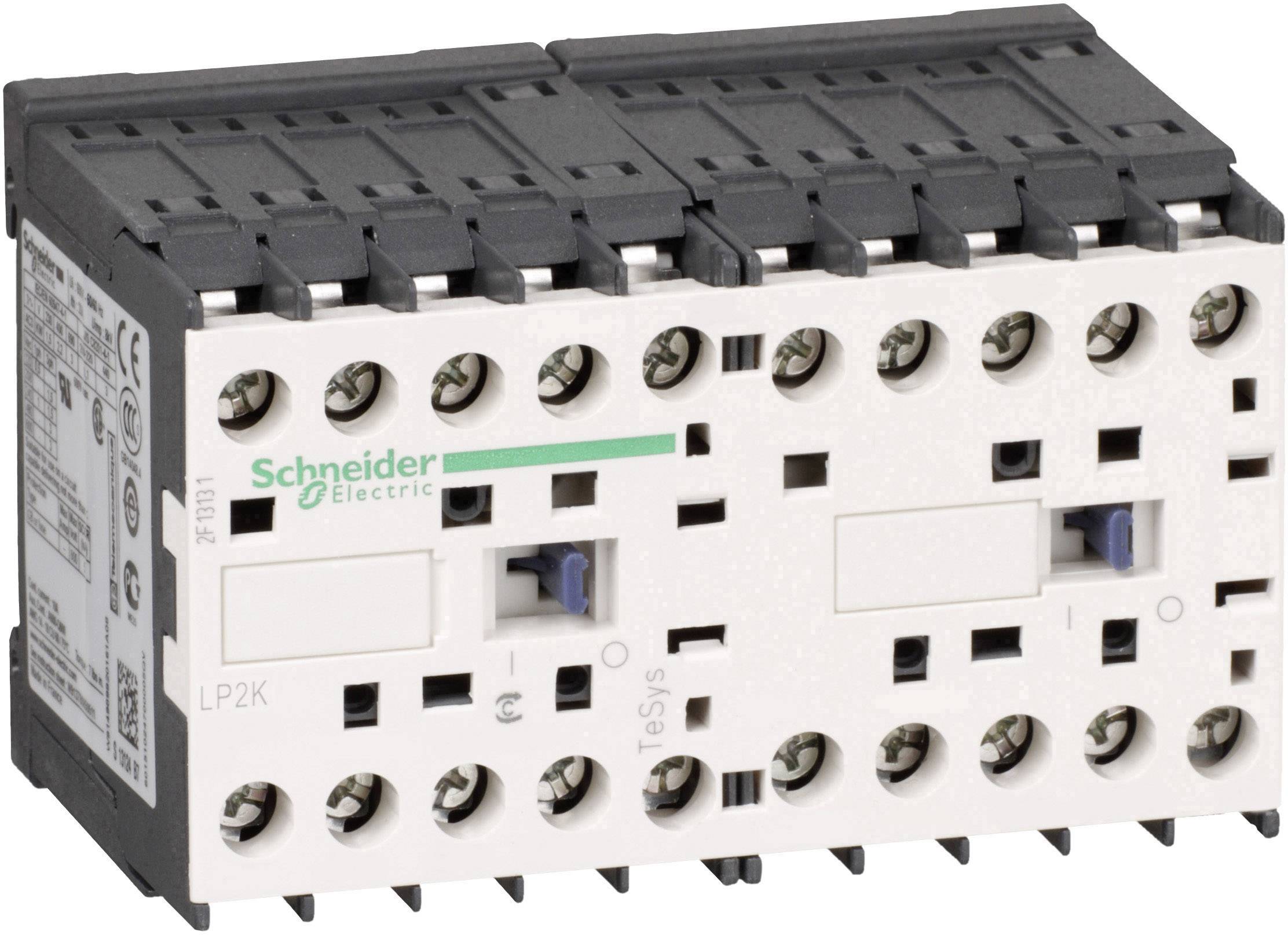 Et elektrisk kontaktor fra Schneider Electric med flere rækker skrueterminaler og to blå skydekontakter.