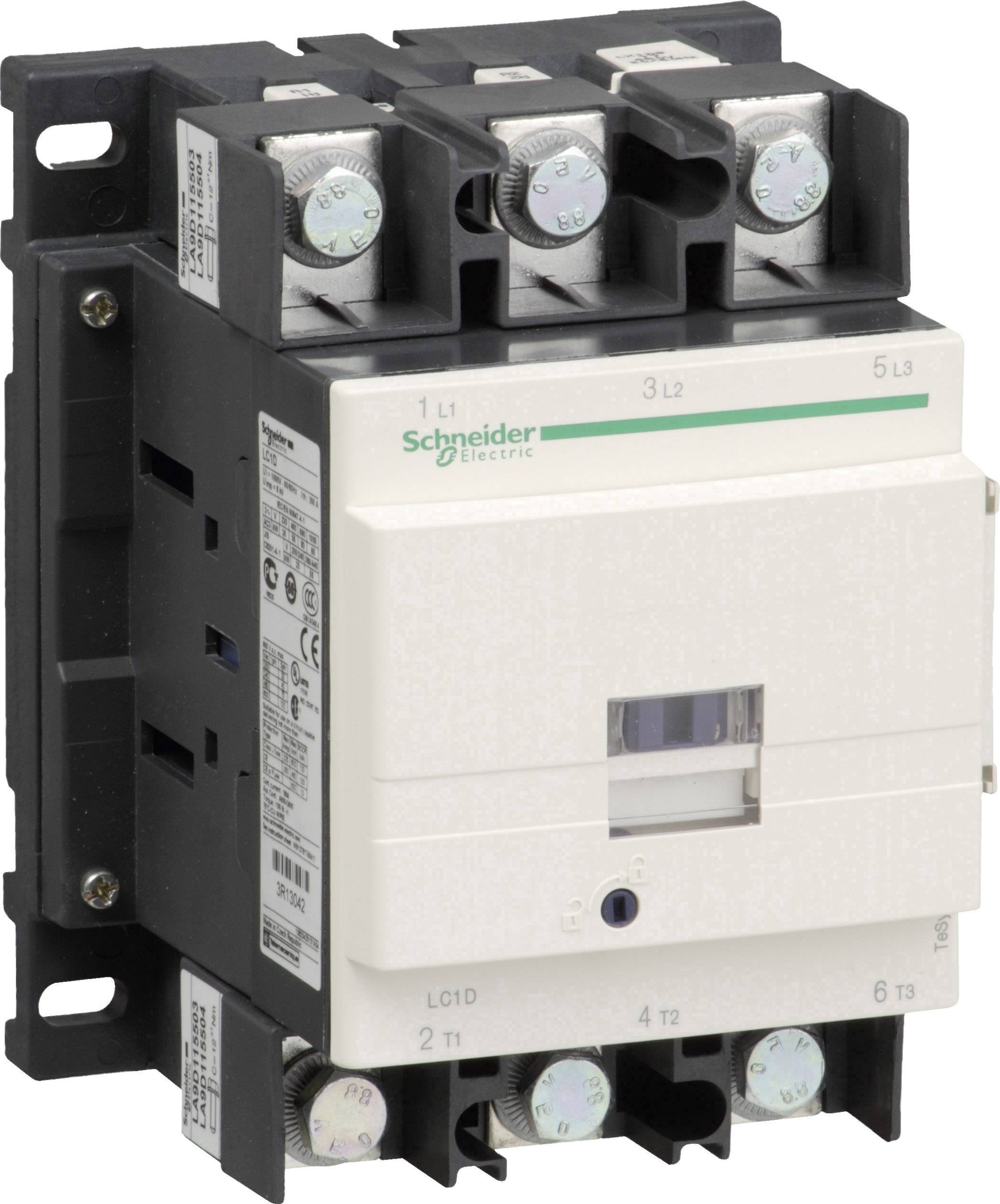Effektrelæ med tre poler og flere tilslutningspunkter. Påskrift 'Schneider Electric'.