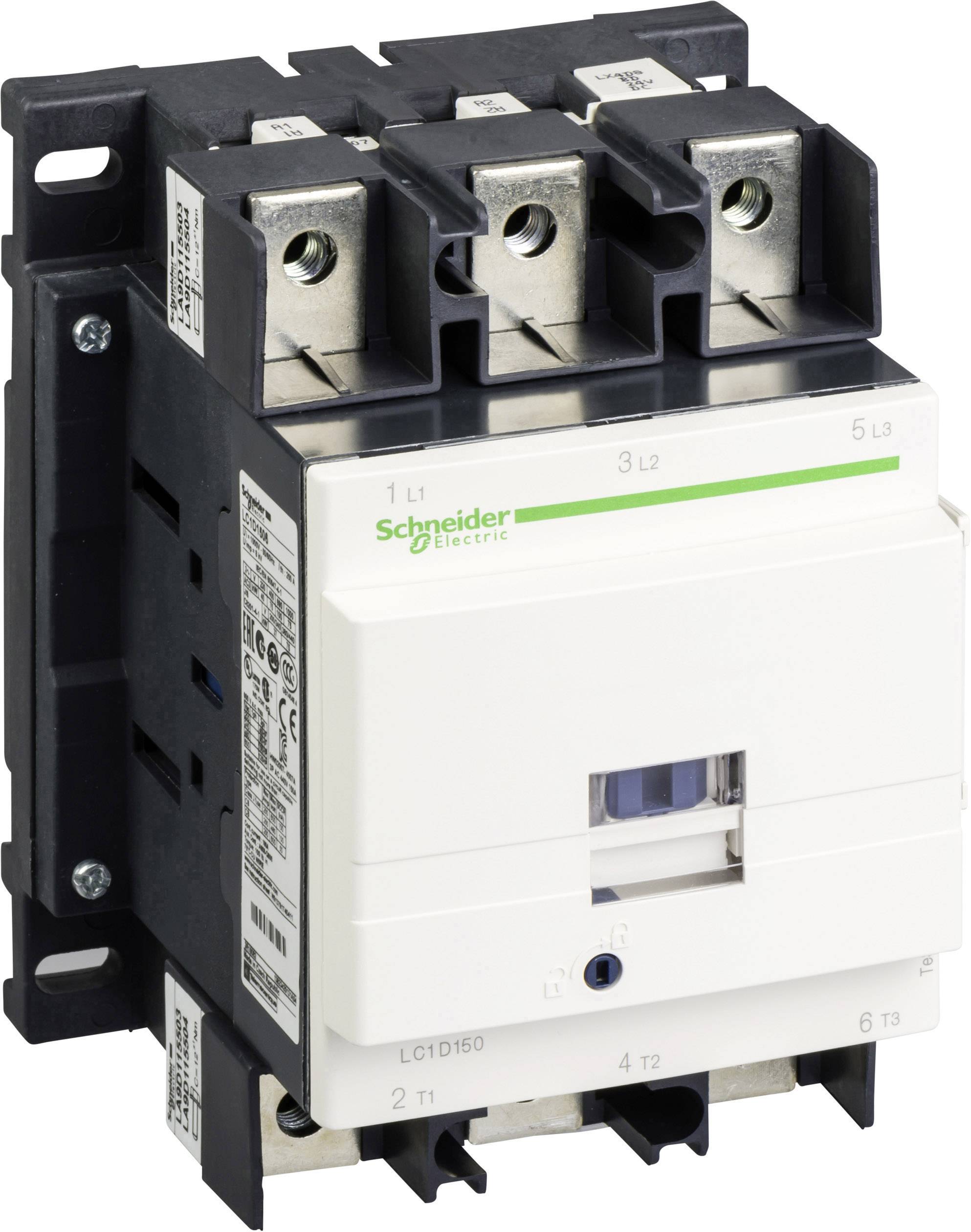 En kontaktor fra Schneider Electric, modeltype LC1D150, til industrielle styringsformål. Udstyret med tre poler og tilslutninger.