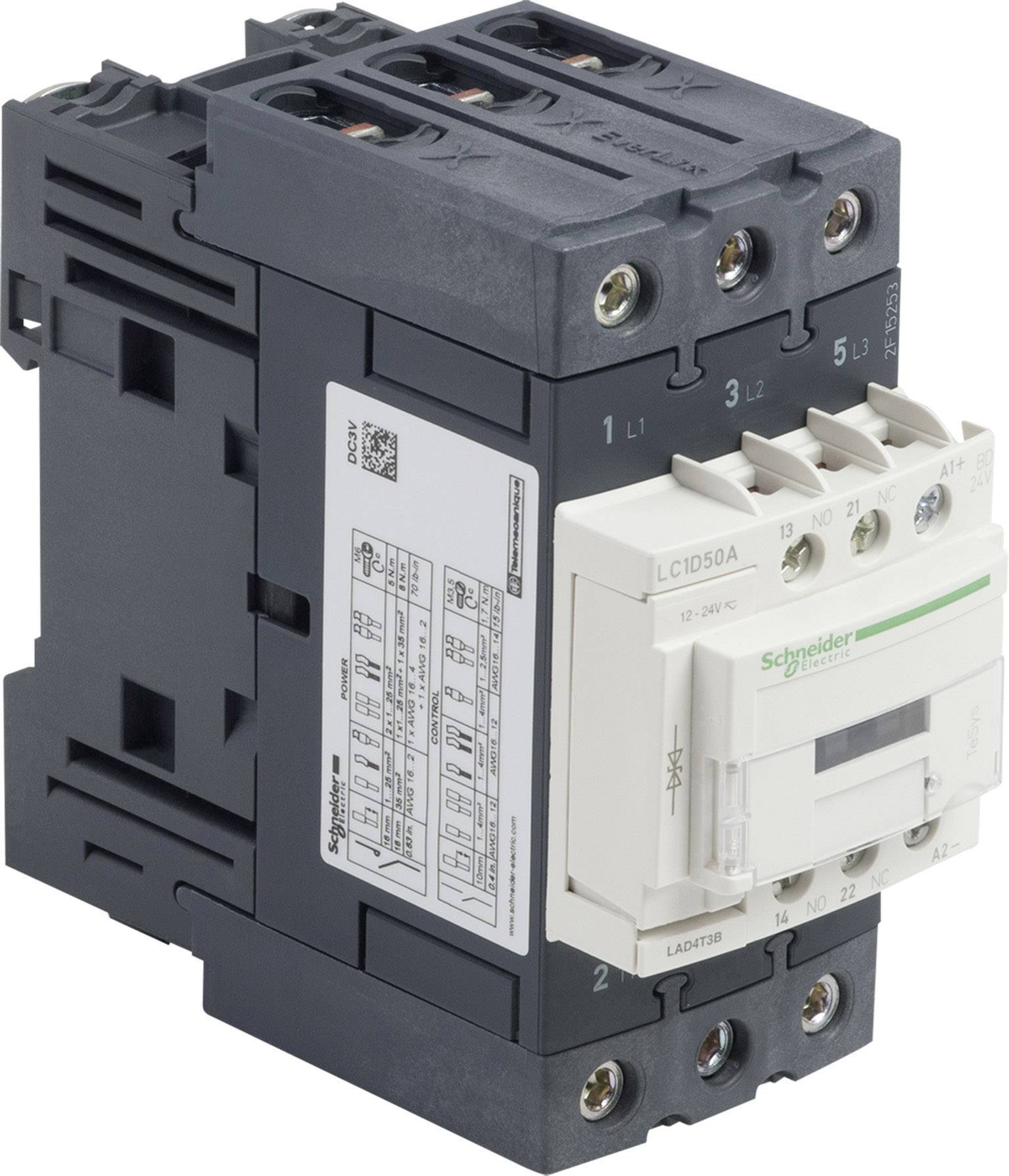 Kontaktor fra Schneider Electric, model LC1D50A, grå-sort, med tilslutninger og mærkning.