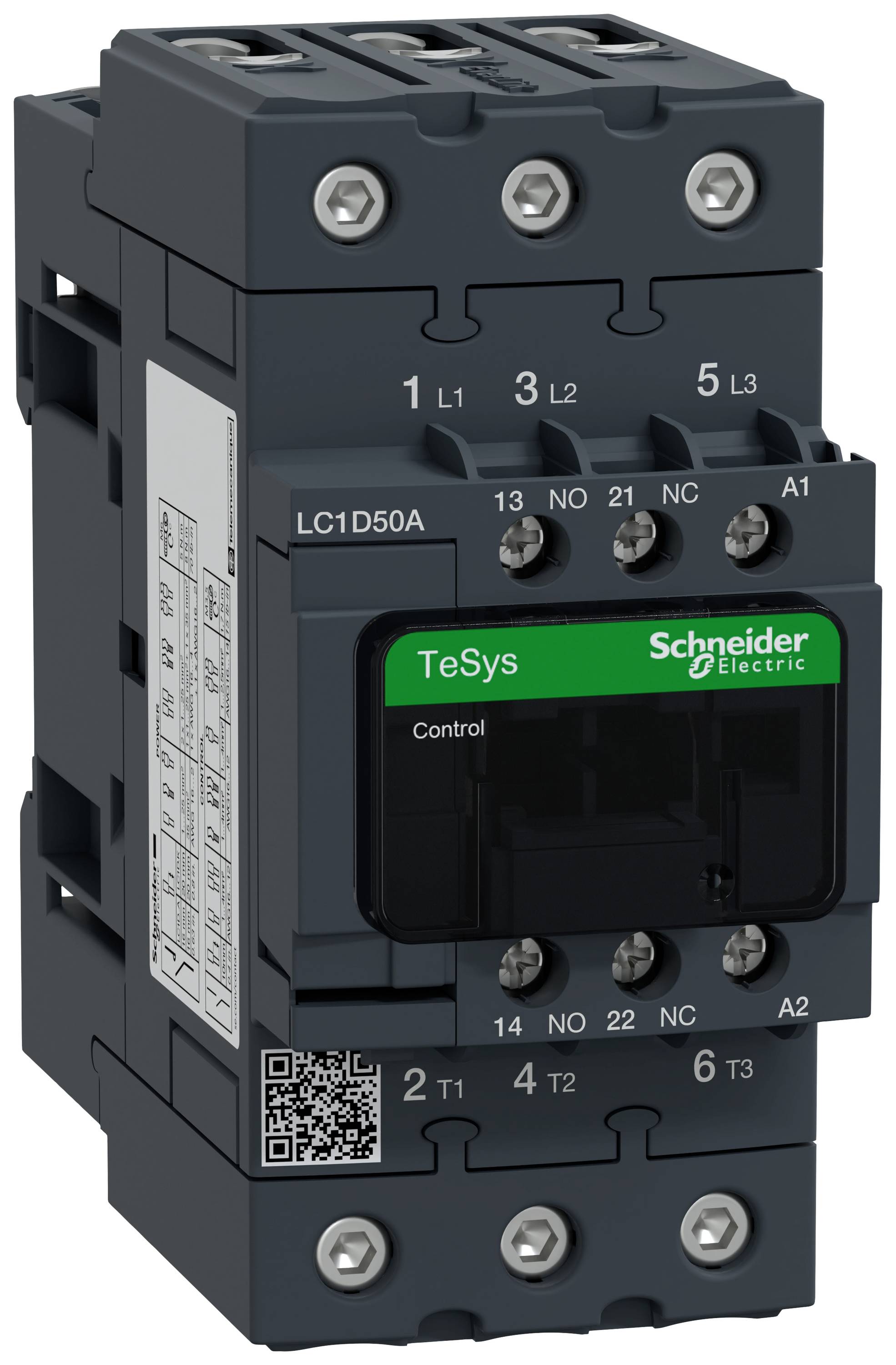 Grå-sort elektrisk kontaktor fra Schneider Electric med grøn påskrift 'TeSys', modelnummer LC1D50A, viser tilslutningsklemmer.