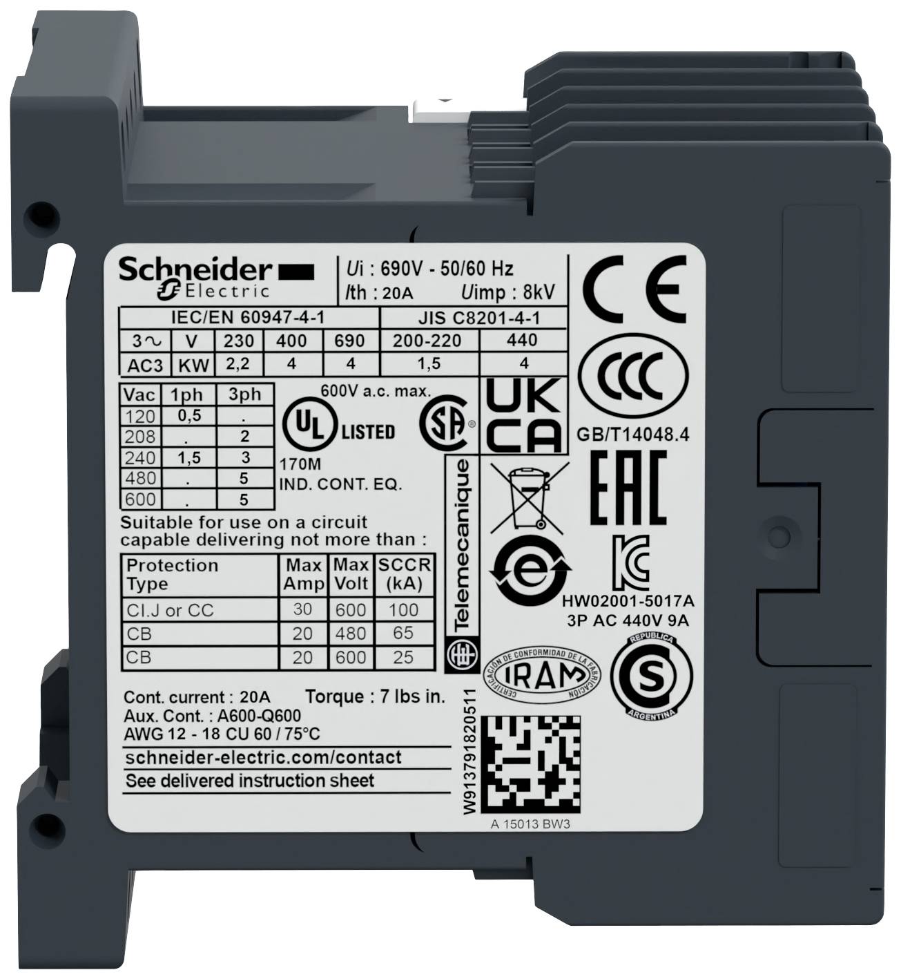 Elektrisk komponent fra Schneider Electric med tekniske specifikationer: Effekt, spænding, certificeringer og kontaktoplysninger.
