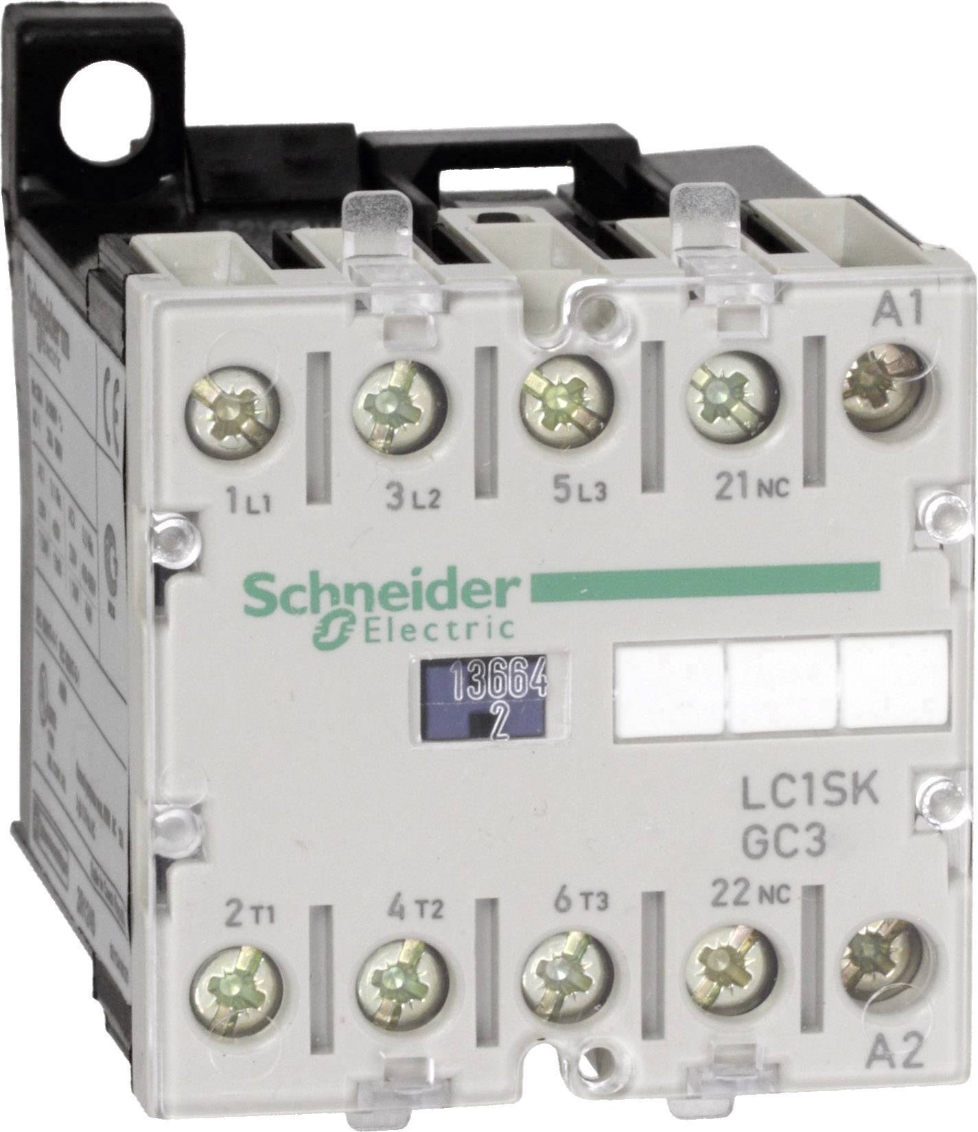 En elektrisk kontaktor fra Schneider Electric med modelनummer LC1SK til betjening af kontakter, viser flere tilslutninger og skrueklemmer.