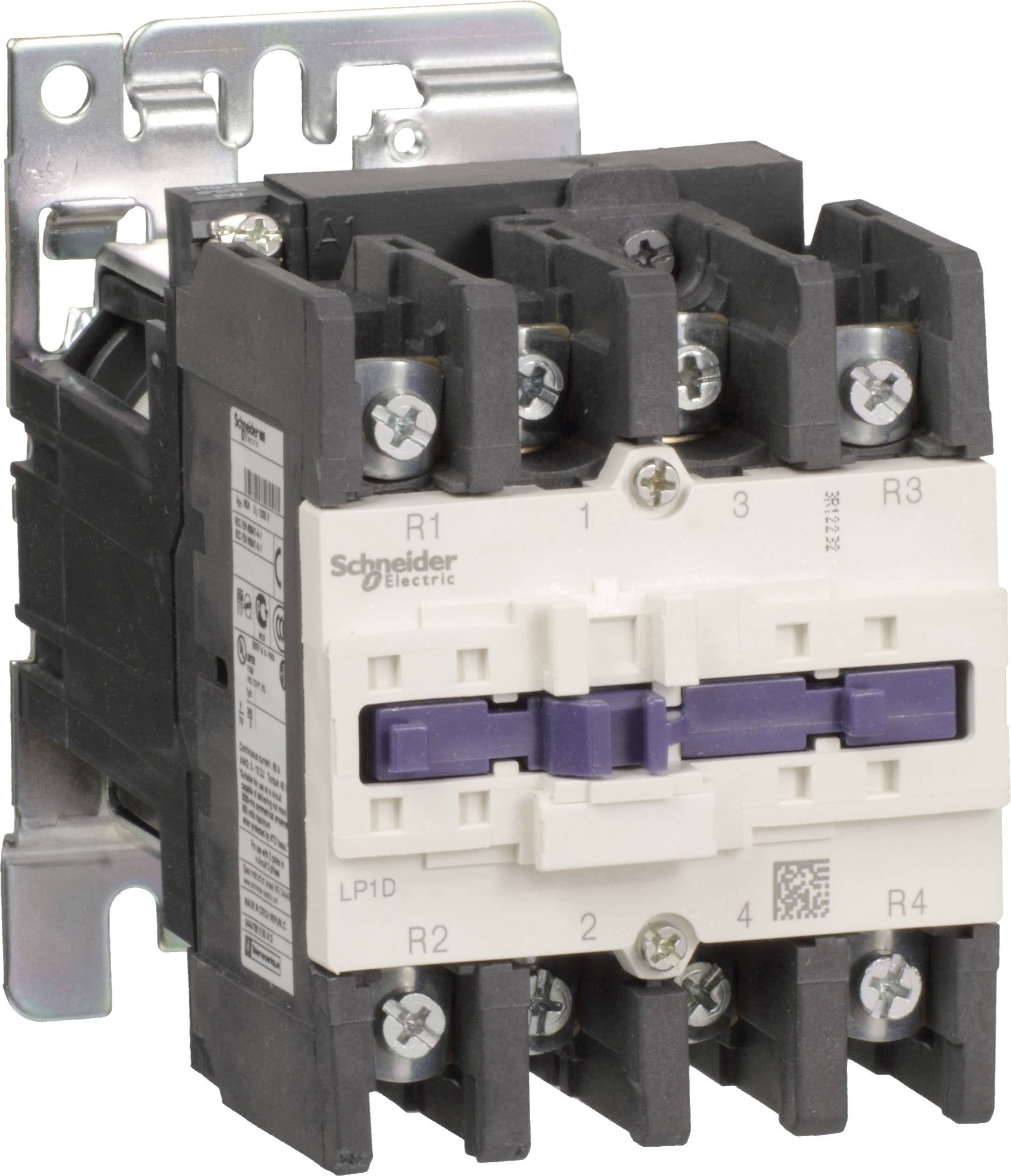 'Kontaktor fra Schneider Electric, R1-serien. Sort kabinet med hvide og lilla elementer, monteret på metalbeslag.'