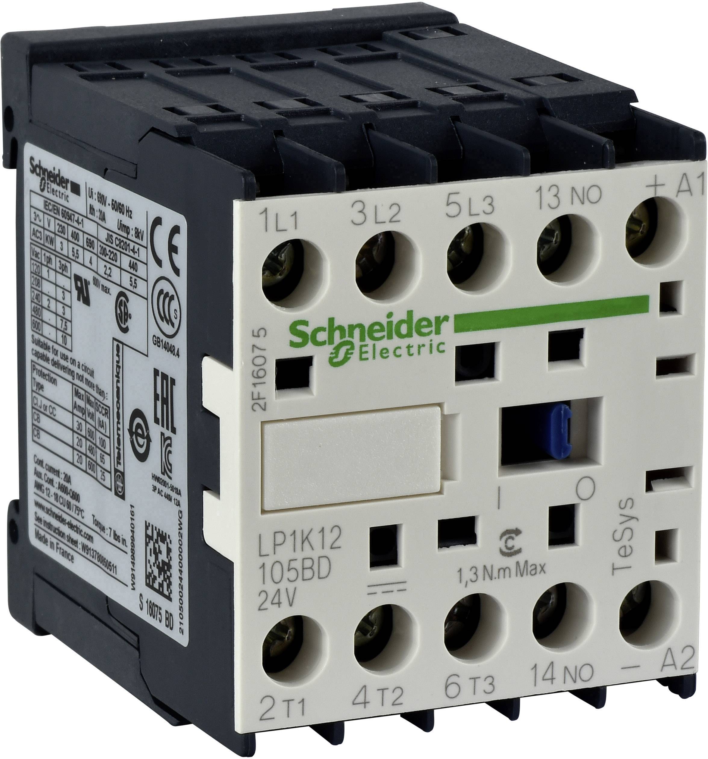 Et elektrisk kontaktor fra Schneider Electric, model LP1K12 105BD, med tekniske specifikationer og tilslutninger på forsiden.