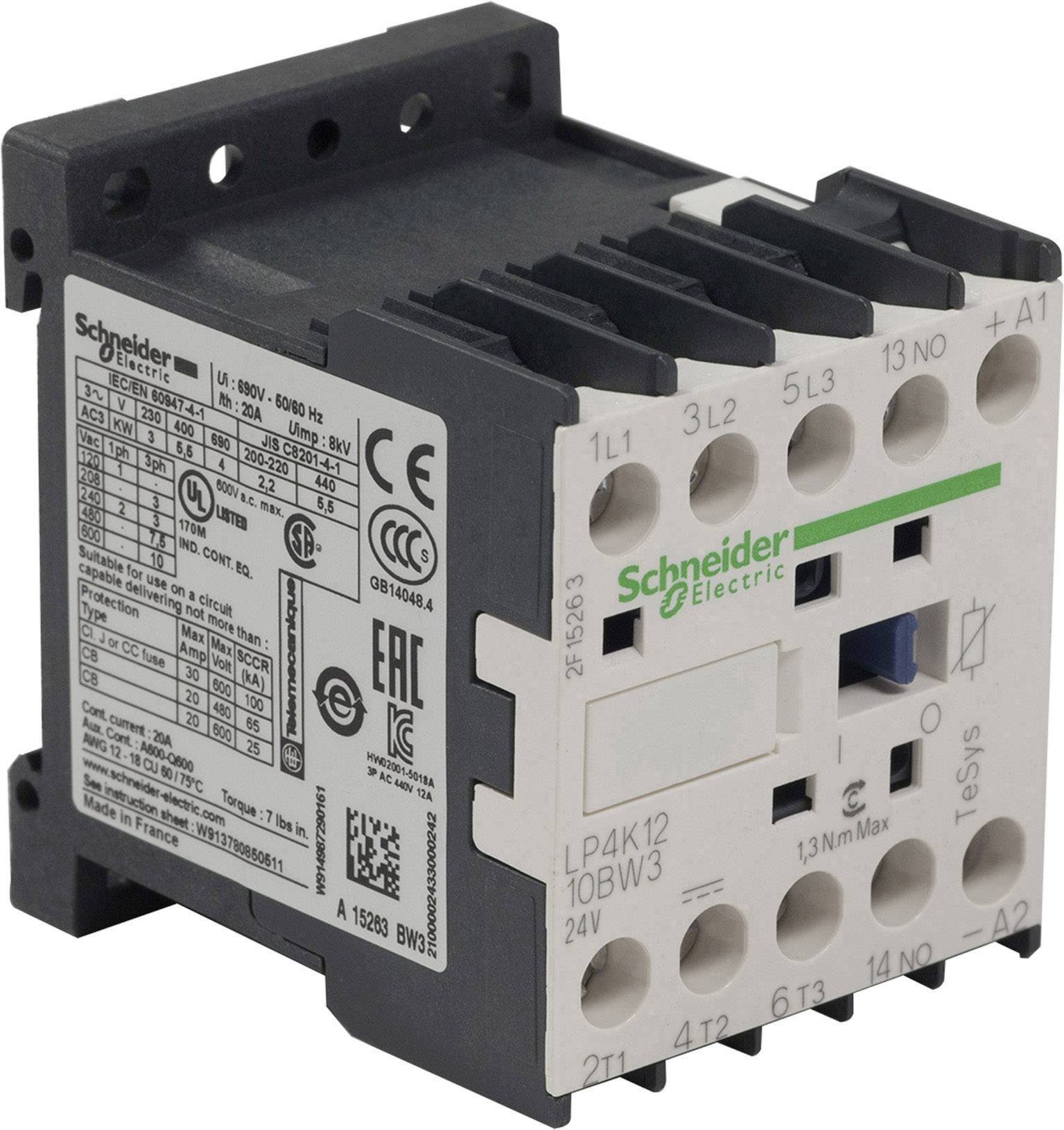 En elektrisk kontaktor fra Schneider Electric med tilslutningsklemmer, tekniske specifikationer og forskellige certificeringsmærker.