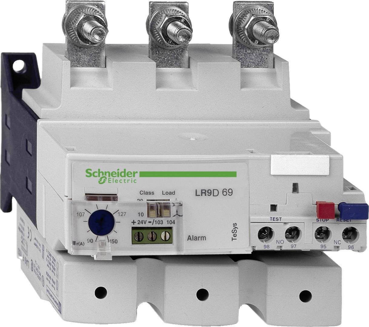 Schneider Electric LR9D 69 overbelastningsbeskyttelsesrelæ til motorstyringer med alarmindikator og forskellige tilslutningsklemmer.