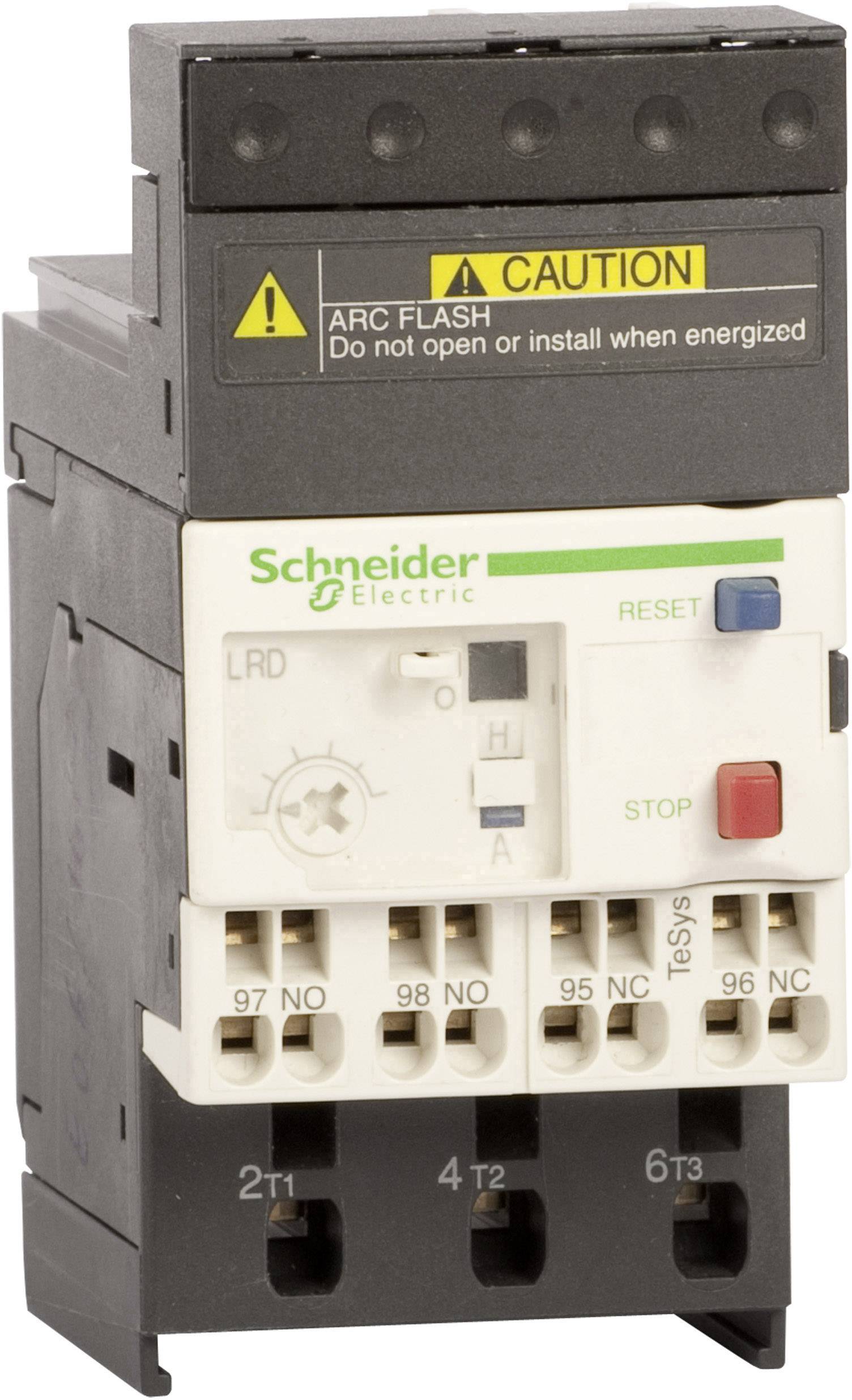 Et ydelsesrelæ fra Schneider Electric med knapper 'Reset' og 'Stop'. Advarseletiket øverst: 'Advarsel, lysbueeksplosion, må ikke installeres under spænding.'