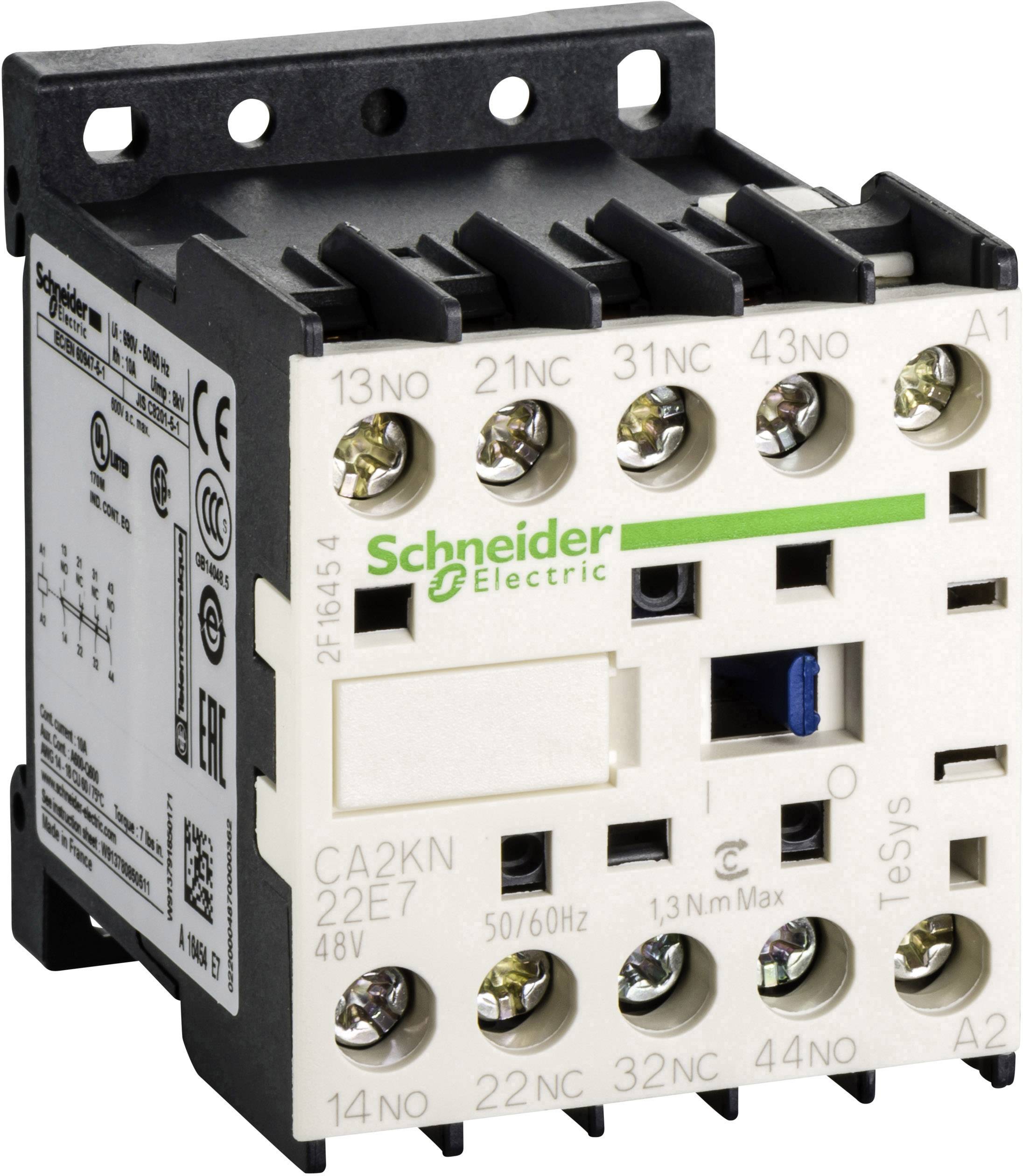 Elektrisk effektafbryder i sort og hvid, med Schneider Electric-mærkelogo. Viser tilslutninger og tekniske specifikationer.