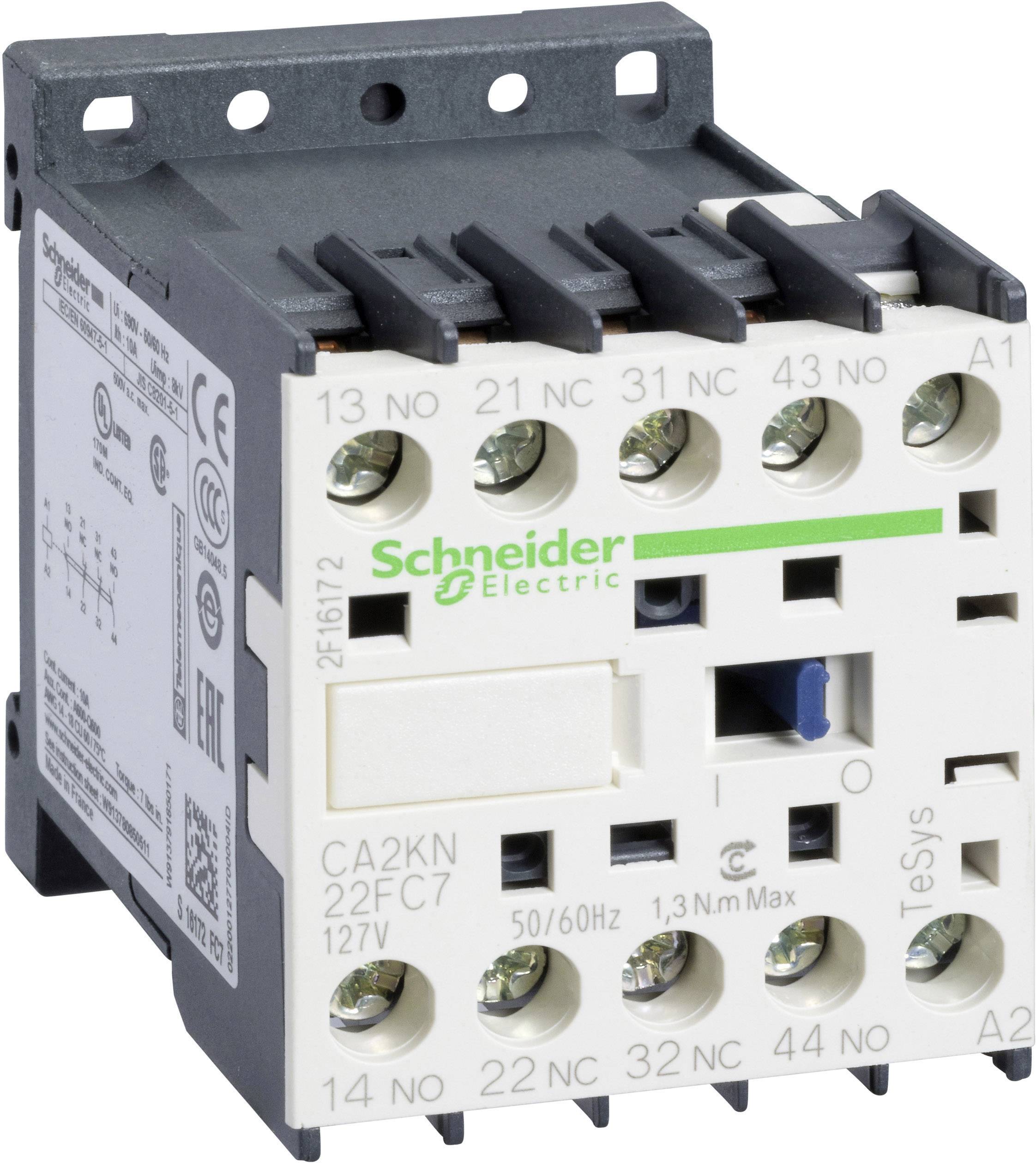 'Schneider Electric' kontaktor, model CA2KN22FC7, med flere tilslutninger og teknisk mærkning, til styring af elektriske apparater.
