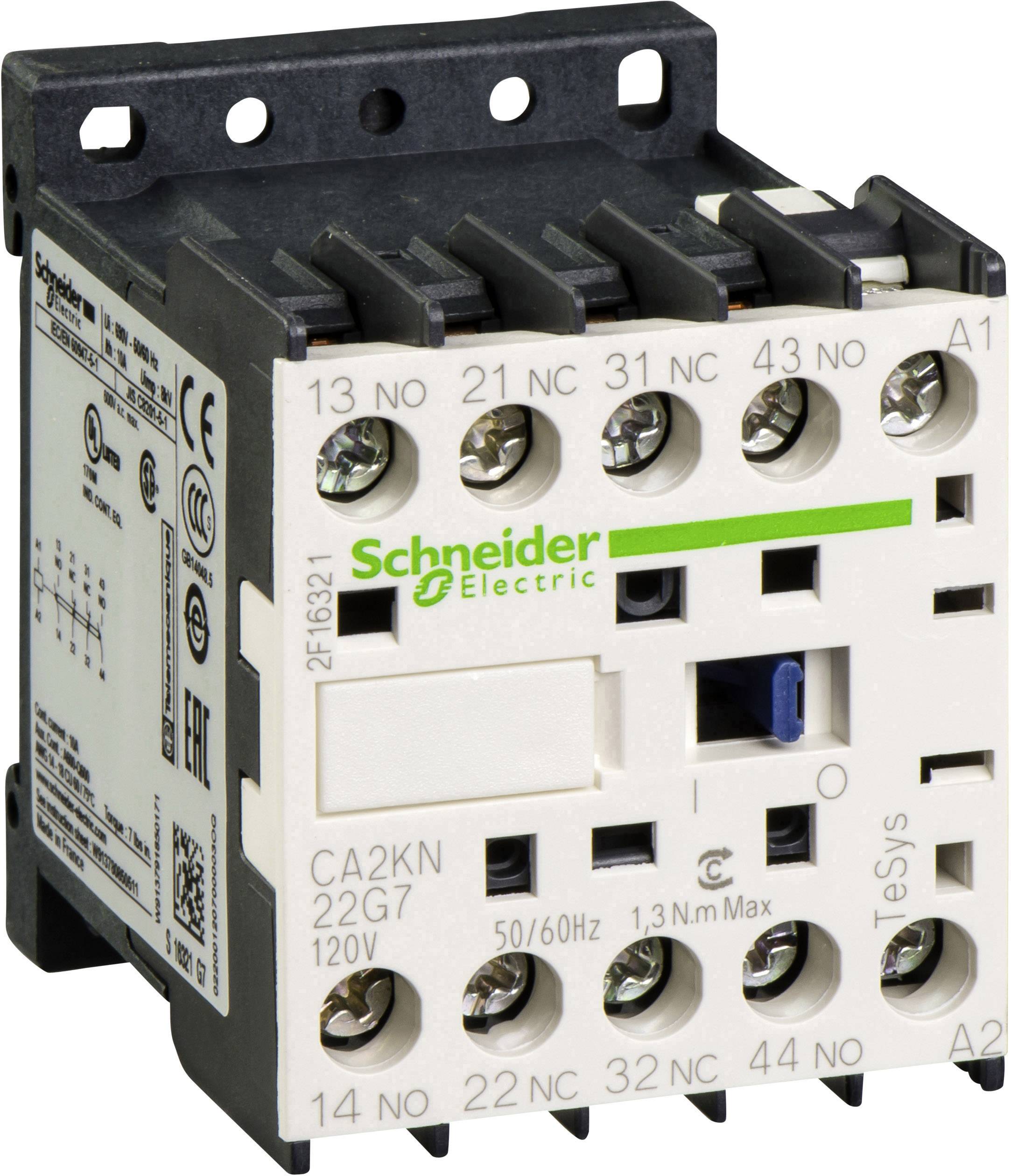 En hvid afbryder fra Schneider Electric med flere tilslutningsklemmer og tekniske specifikationer på forsiden.