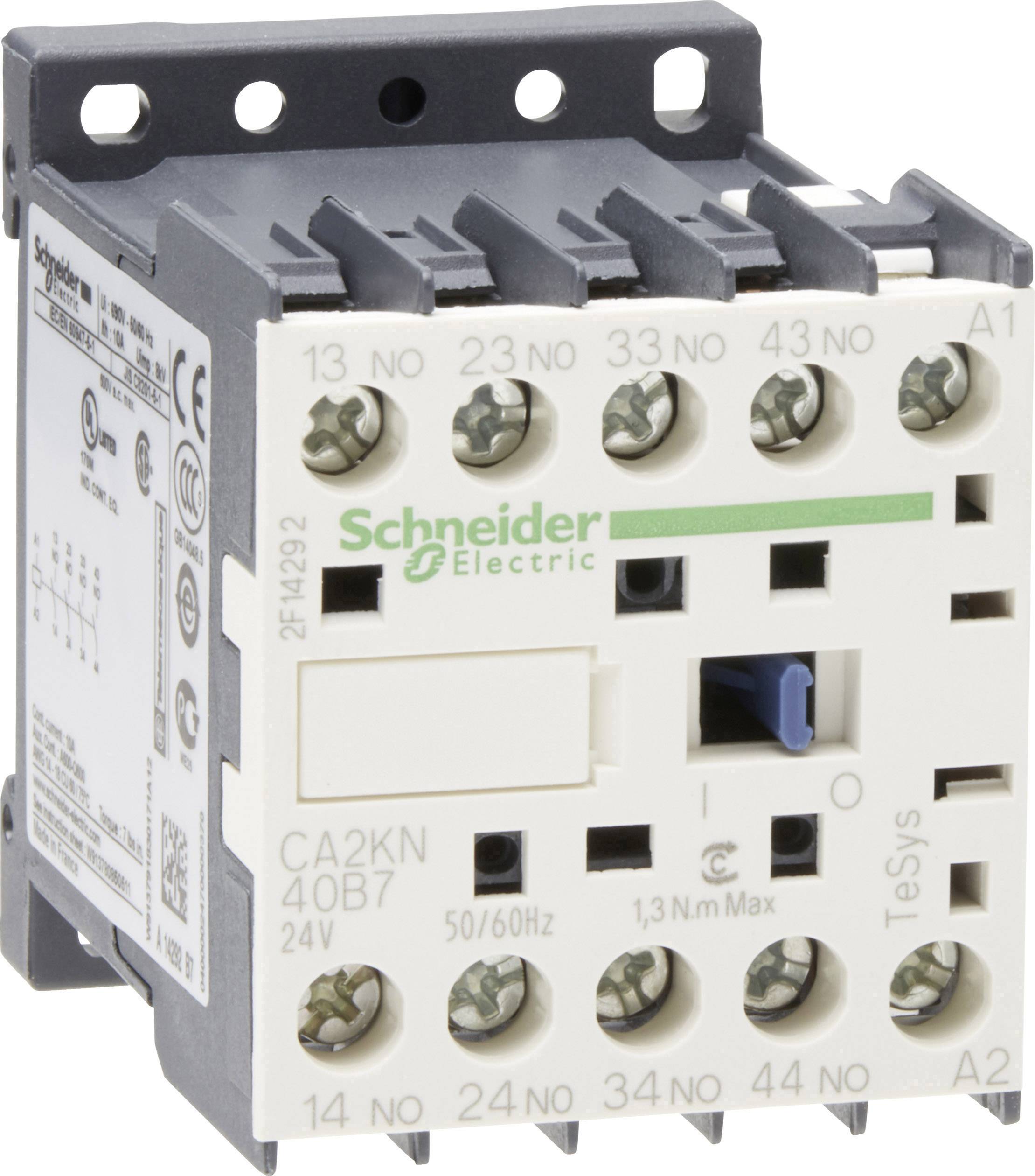 En kontaktor fra Schneider Electric med mærkninger for tilslutninger og specifikationer: 24V, 50/60Hz, 1,3Nm maks.