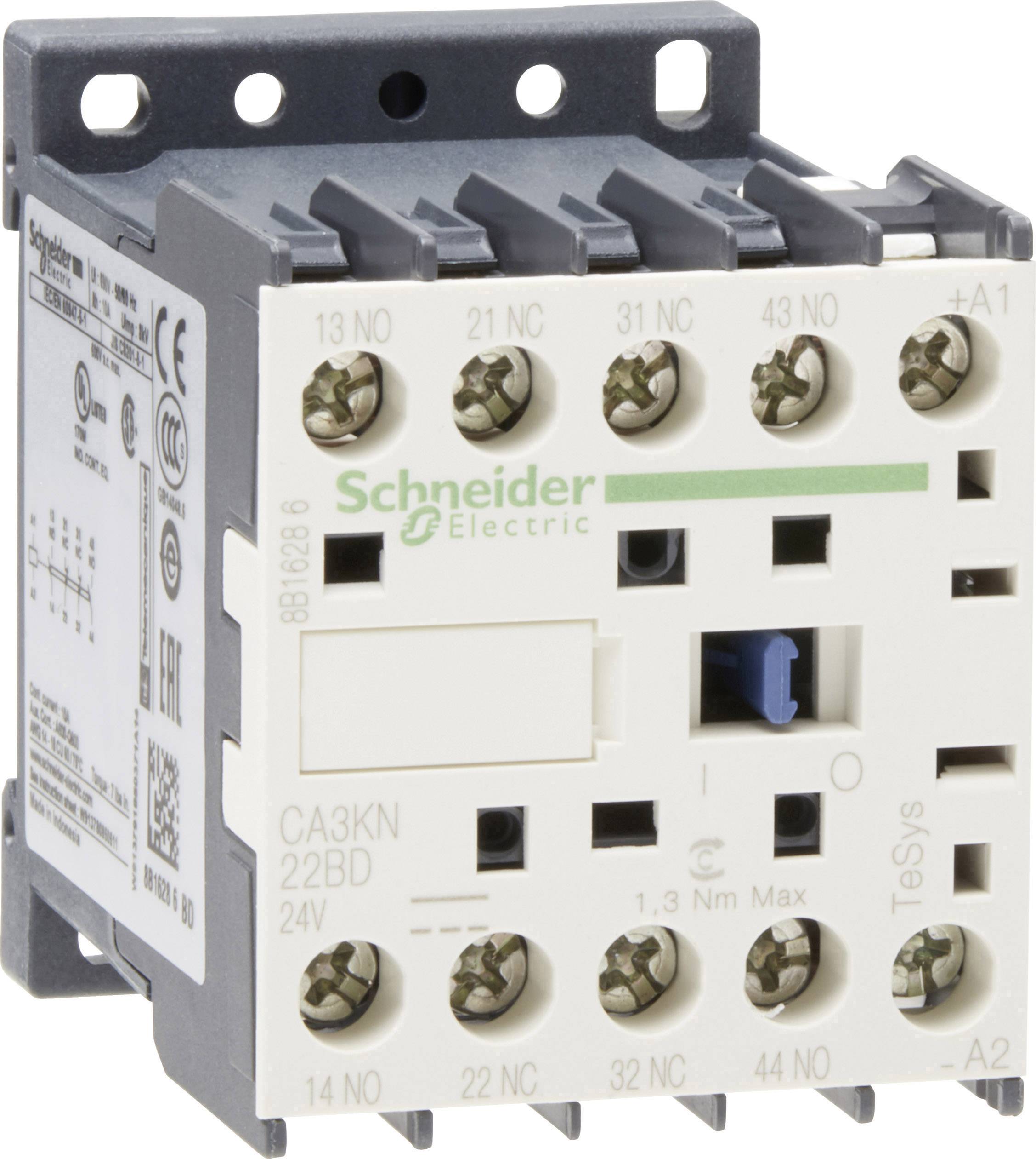 En hvid elektrisk kontaktor fra Schneider Electric med flere tilslutninger og mærkninger. Den viser modellen CA3KN 22BD.