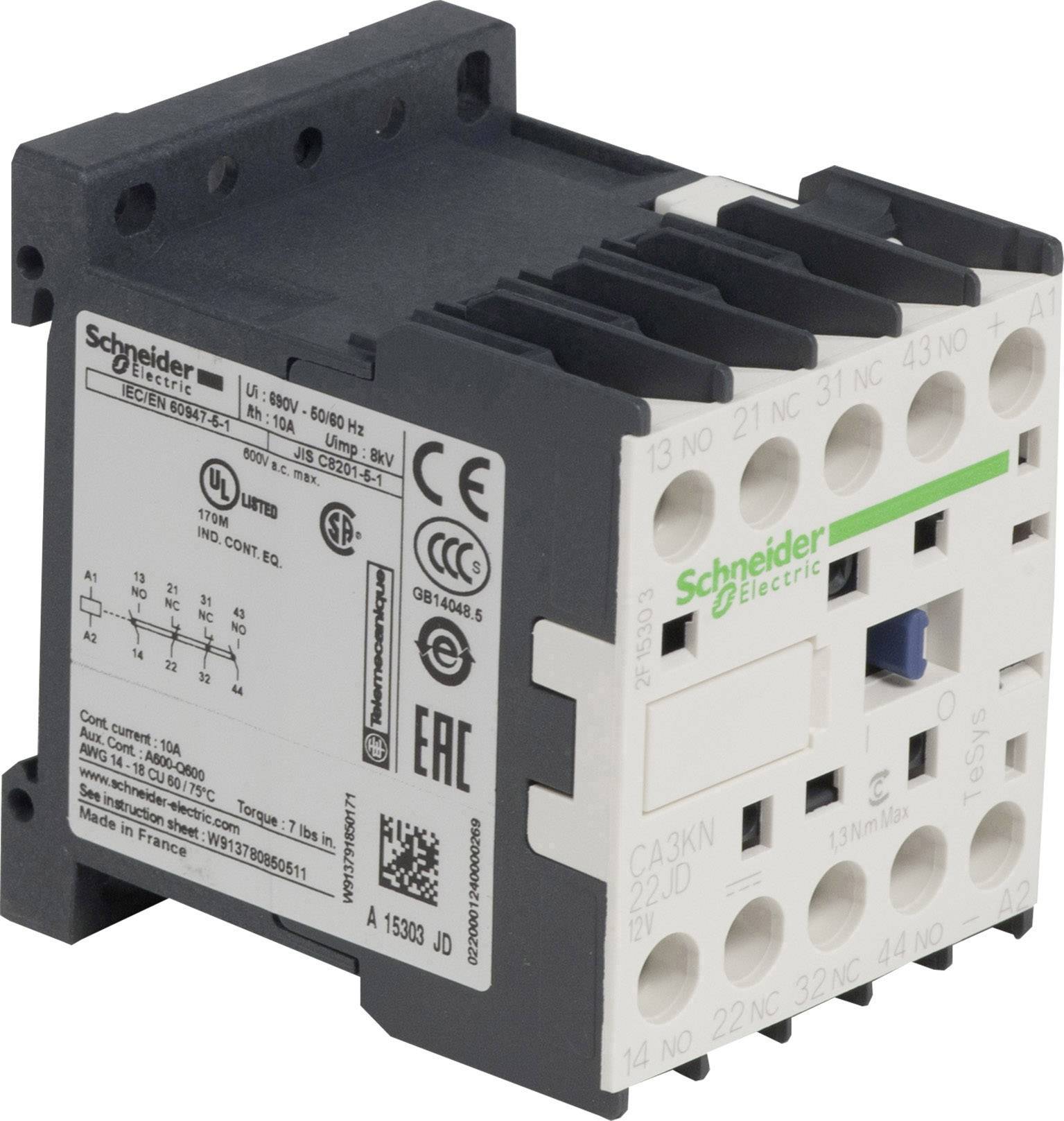 En Schütz fra Schneider Electric i nærbillede, med tekniske specifikationer på en etiket og tilslutningspunkter på forsiden.