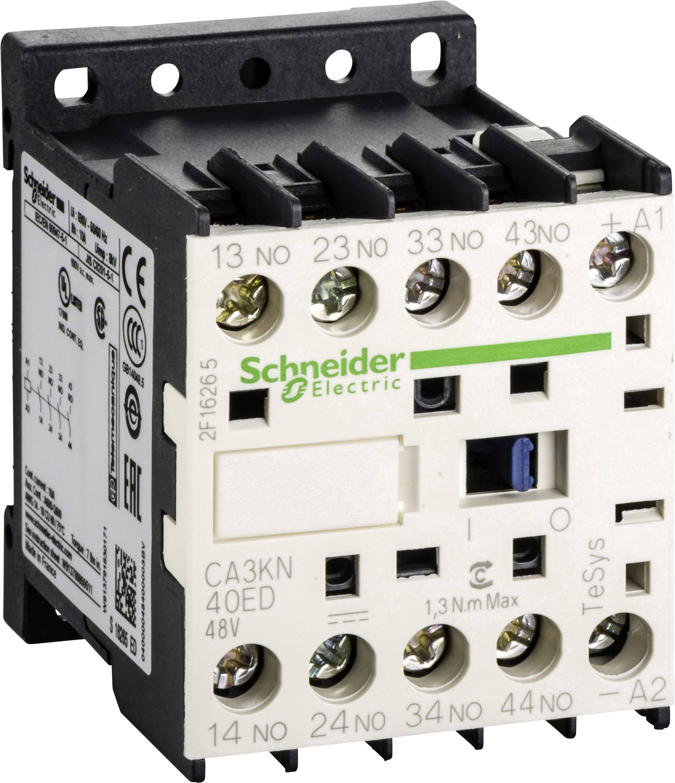 Schneider Electric kontaktor, 3-polet, model CA3KN 40ED. Mærket med '40ED, 48V'. Forbindelses- og mærkningsdetaljer synlige.