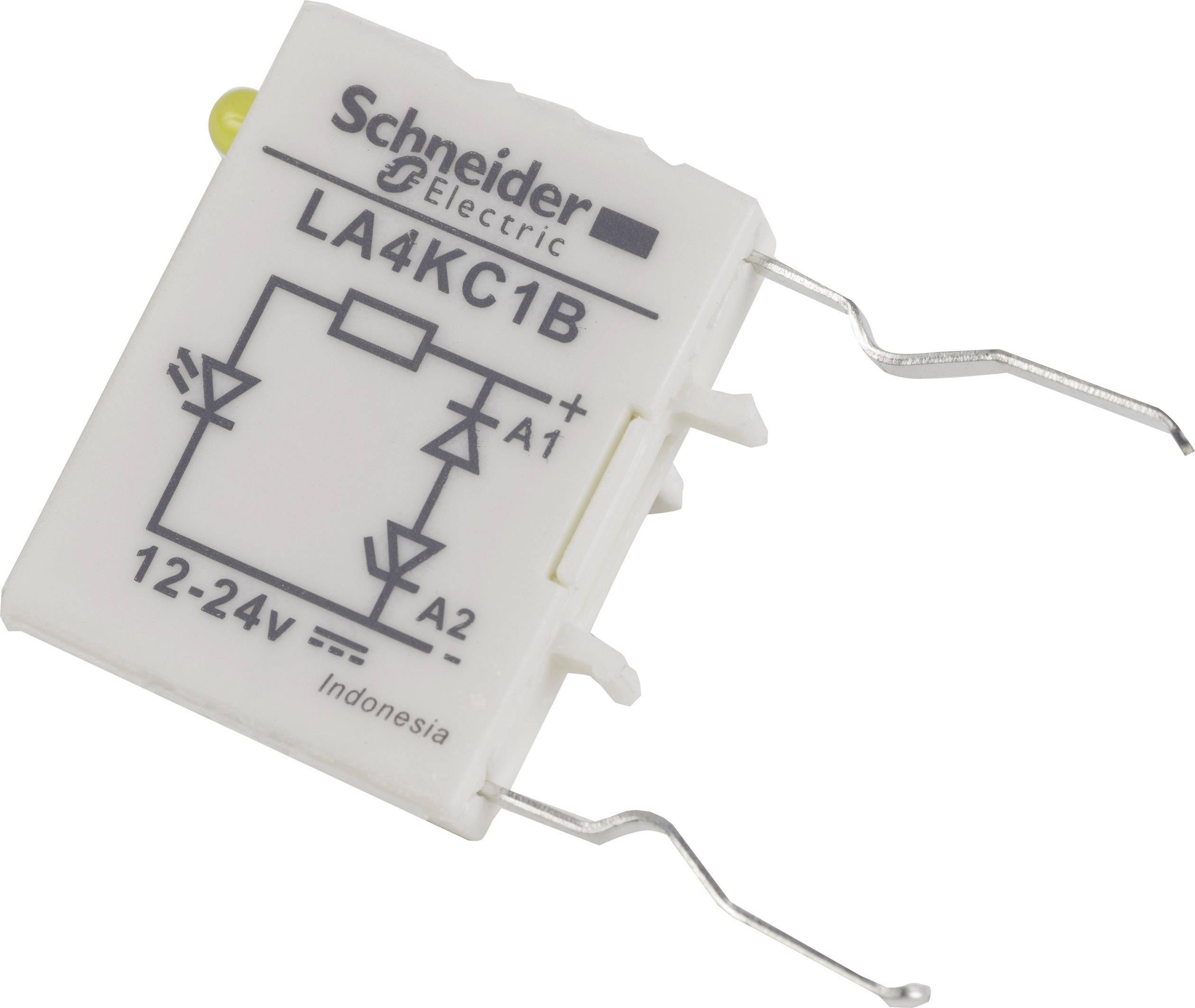 Elektrisk komponent fra Schneider Electric, model LA4KC1B, spænding 12-24V, med to fremstående tilslutninger.