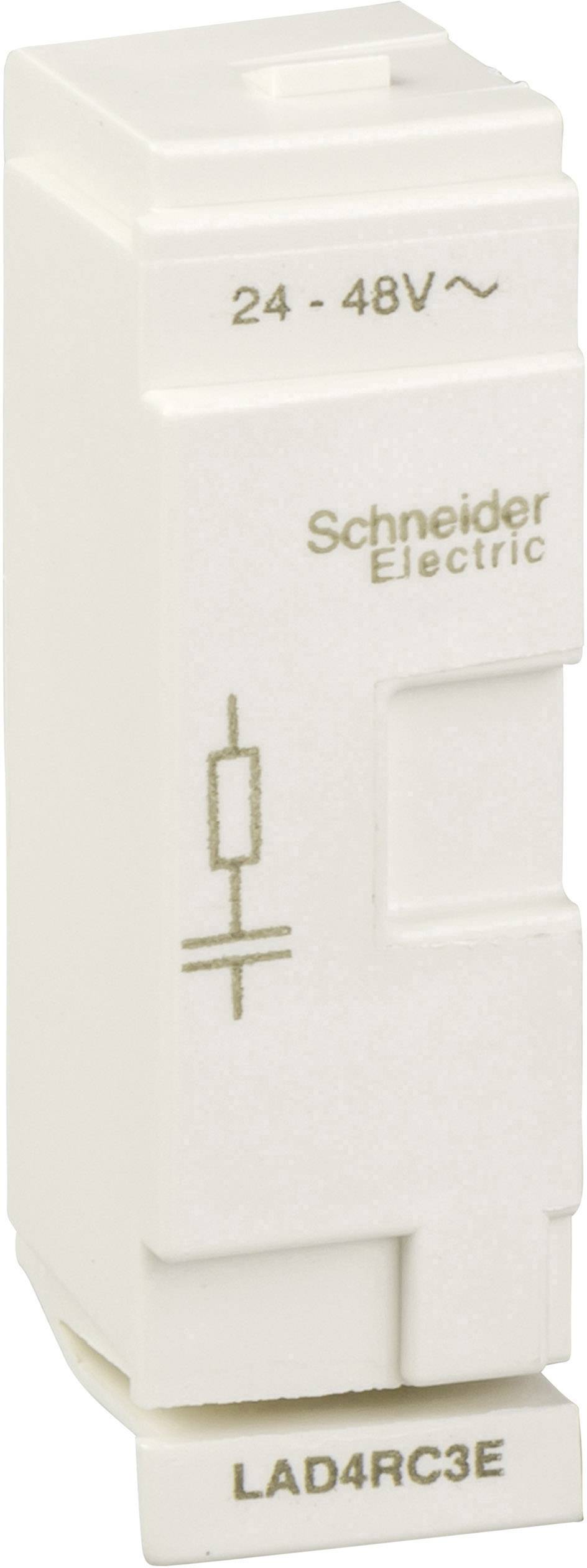 Et relæmodul med påskriften '24-48V~', 'Schneider Electric' og 'LAD4RC3E'. Det er hvidt med et elektrisk symbol.