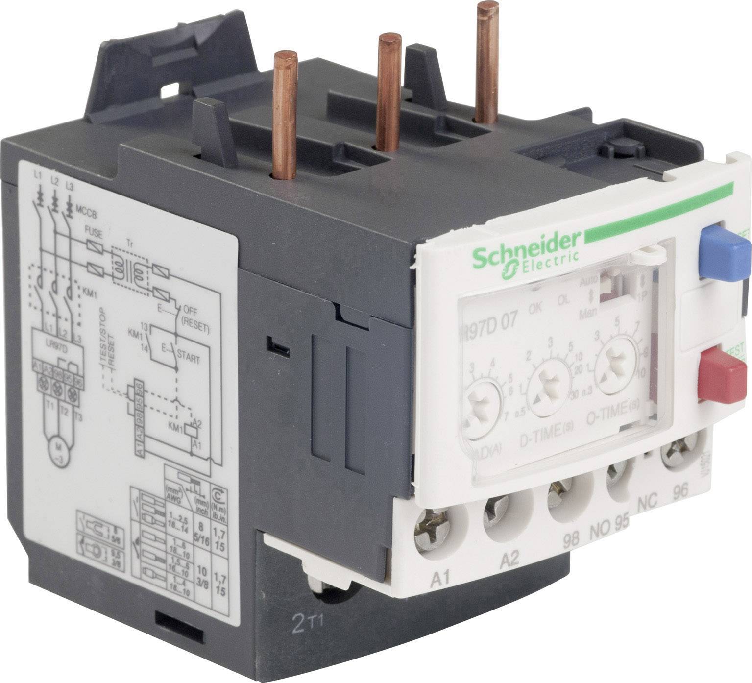 Et elektrisk relæ med flere tilslutninger og et diagram ved siden af. Mærket 'Schneider Electric' øverst til højre.