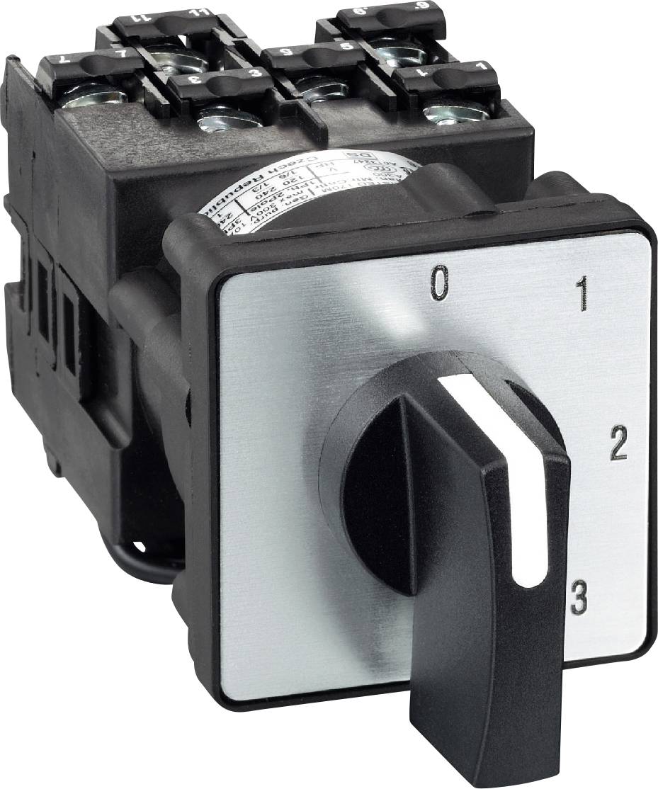 Industriel rotationsvælger med positioner 0, 1, 2 og 3 på en metalfront.