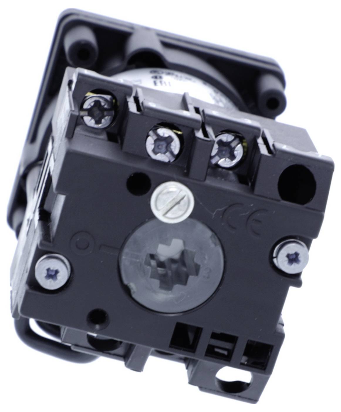 Nærbillede af en sort elektrisk kontakt eller kontrolmodul, der viser skrueklemmer og et centralt justeringsdial.