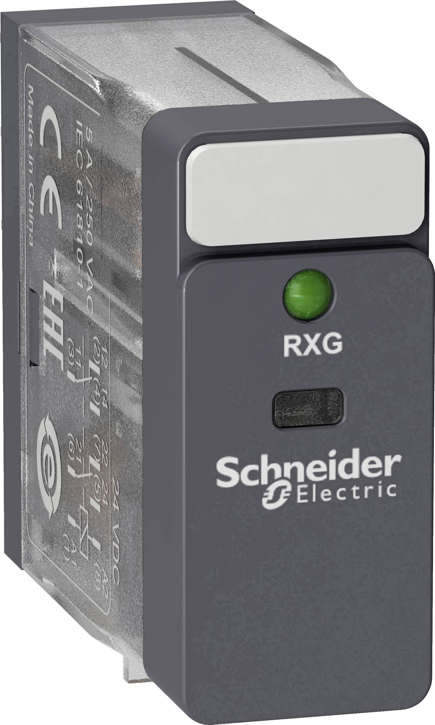 Sort Schneider Electric relæ med grøn indikator, mærket med 'RXG'. CE- og EAC-symboler angiver overensstemmelse.